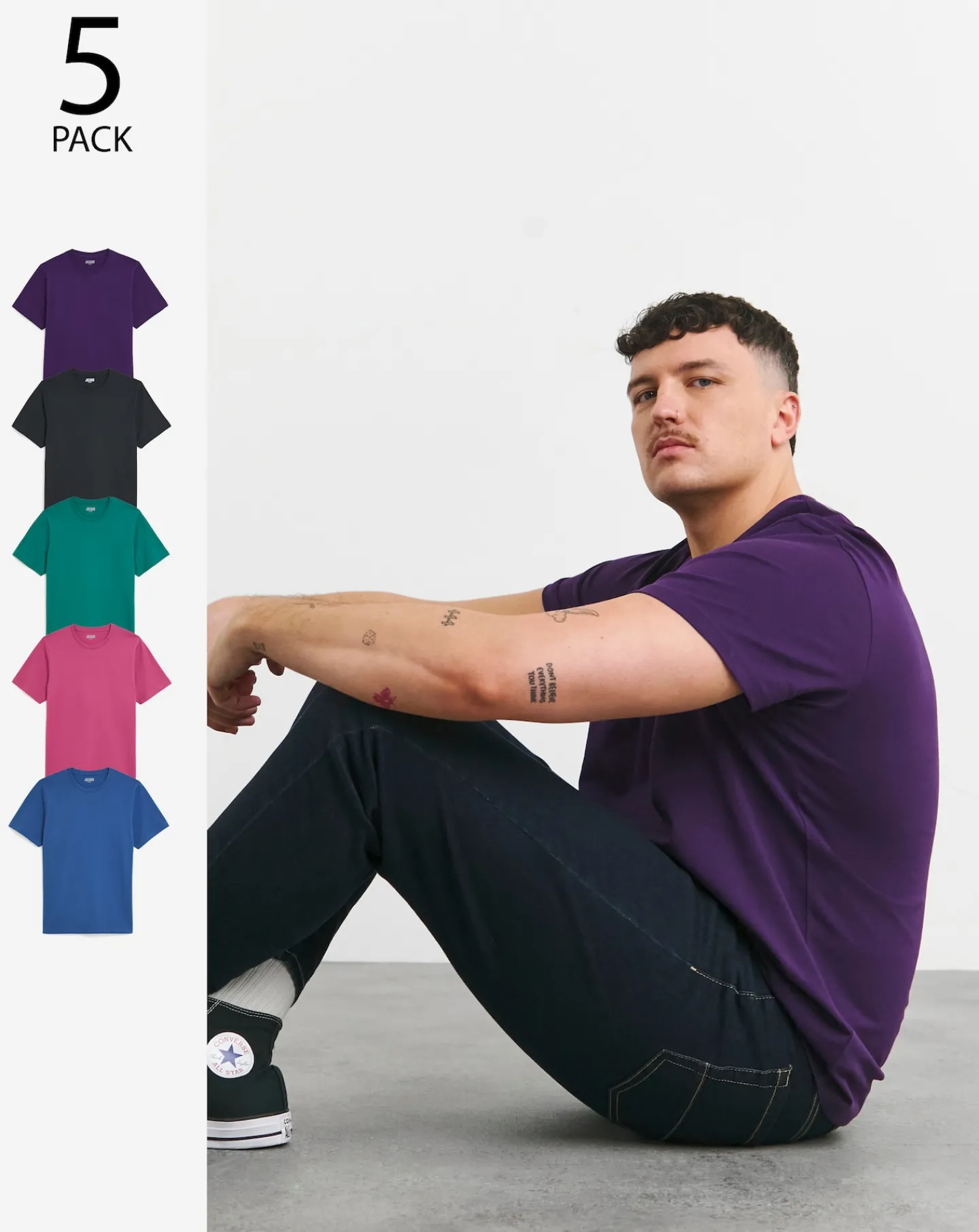Jacamo 5 Pk Pure Cotton Crew Neck T-Shirts Long