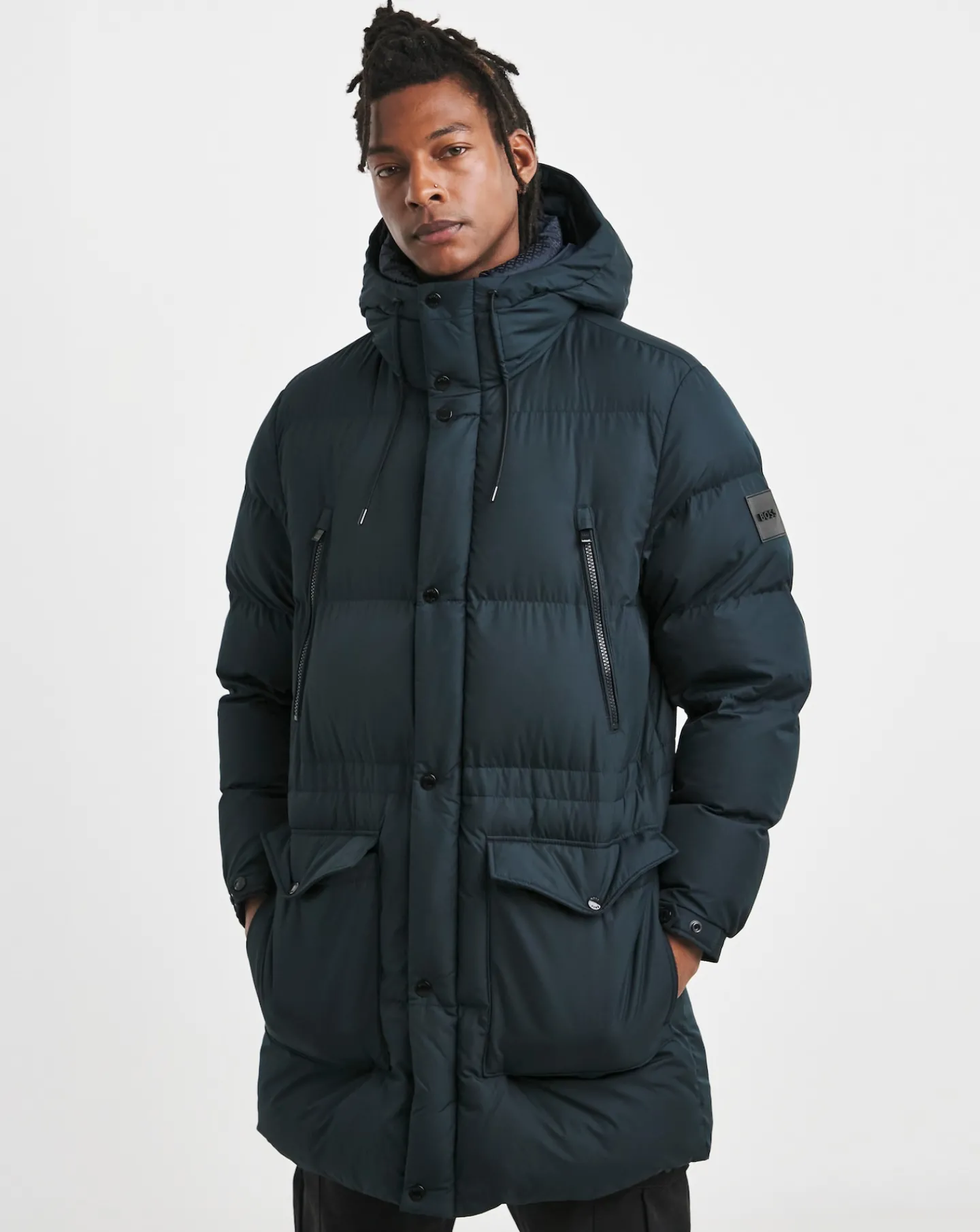 BOSS Dark Blue Long Padded Coat