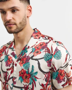 Jacamo Coral Floral Print Cuban Collar Shirt