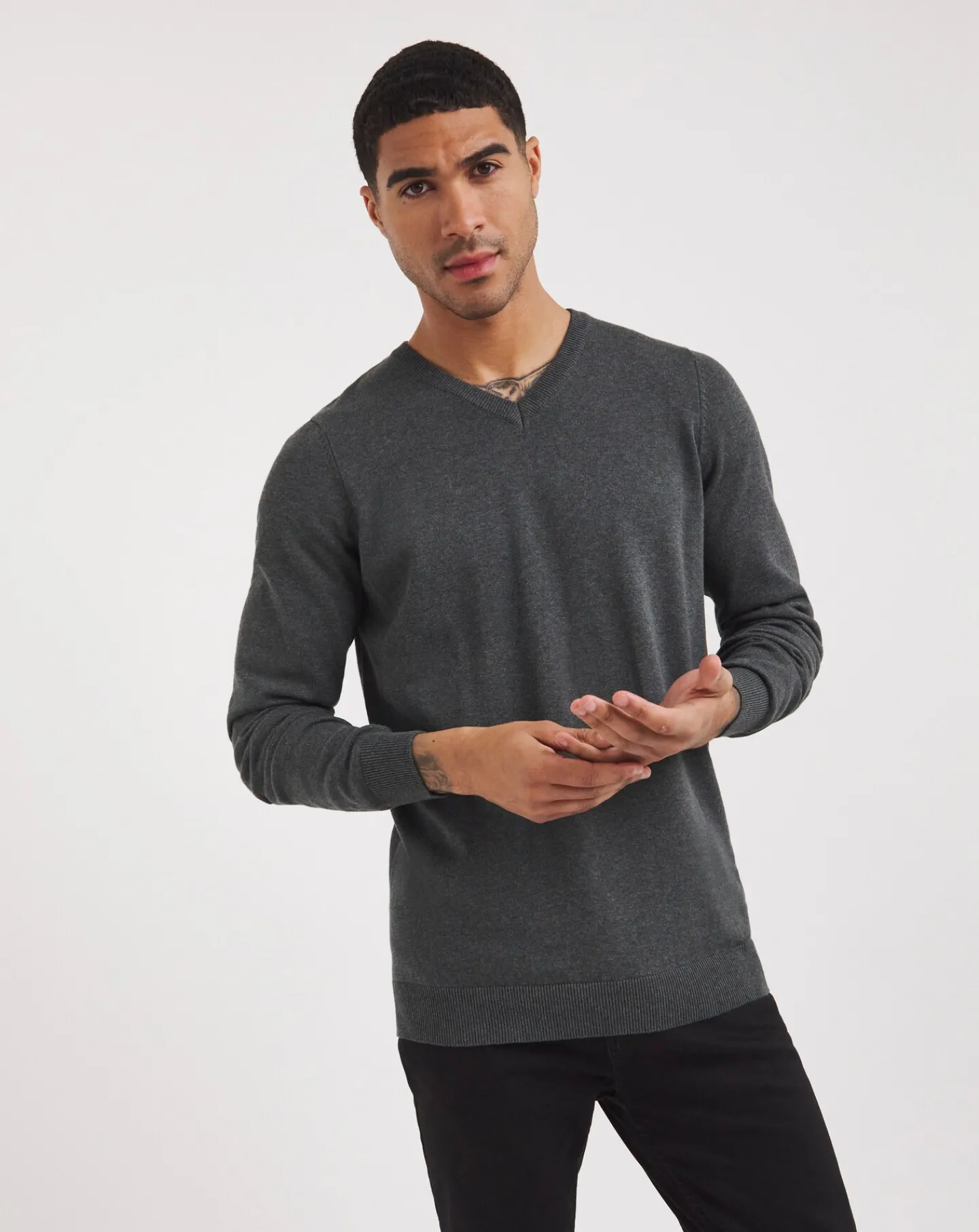 Jacamo Dark Grey Marl V Neck Knitted Jumper