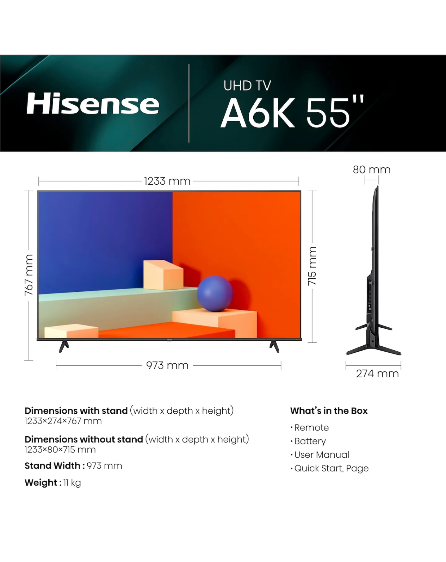 Hisense 55in 55A6KTUK Smart 4K UHD HDR TV with VDTS Virtual:X & Freeview Play