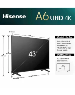 Hisense 43in 43A6NTUK Smart 4K UHD HDR LED TV with Amazon Alexa