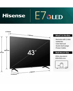 Hisense 43in 43E7NQTUK Smart 4K UHD HDR QLED TV with Amazon Alexa