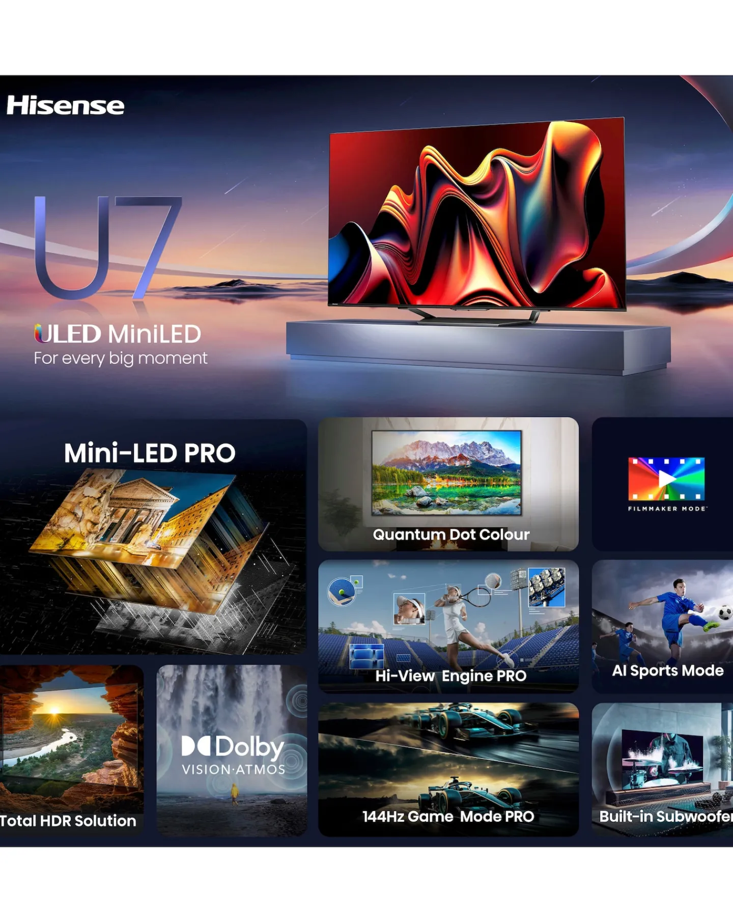 Hisense 55in 55U7NQTUK Smart 4K UHD HDR Mini-LED TV with Amazon Alexa