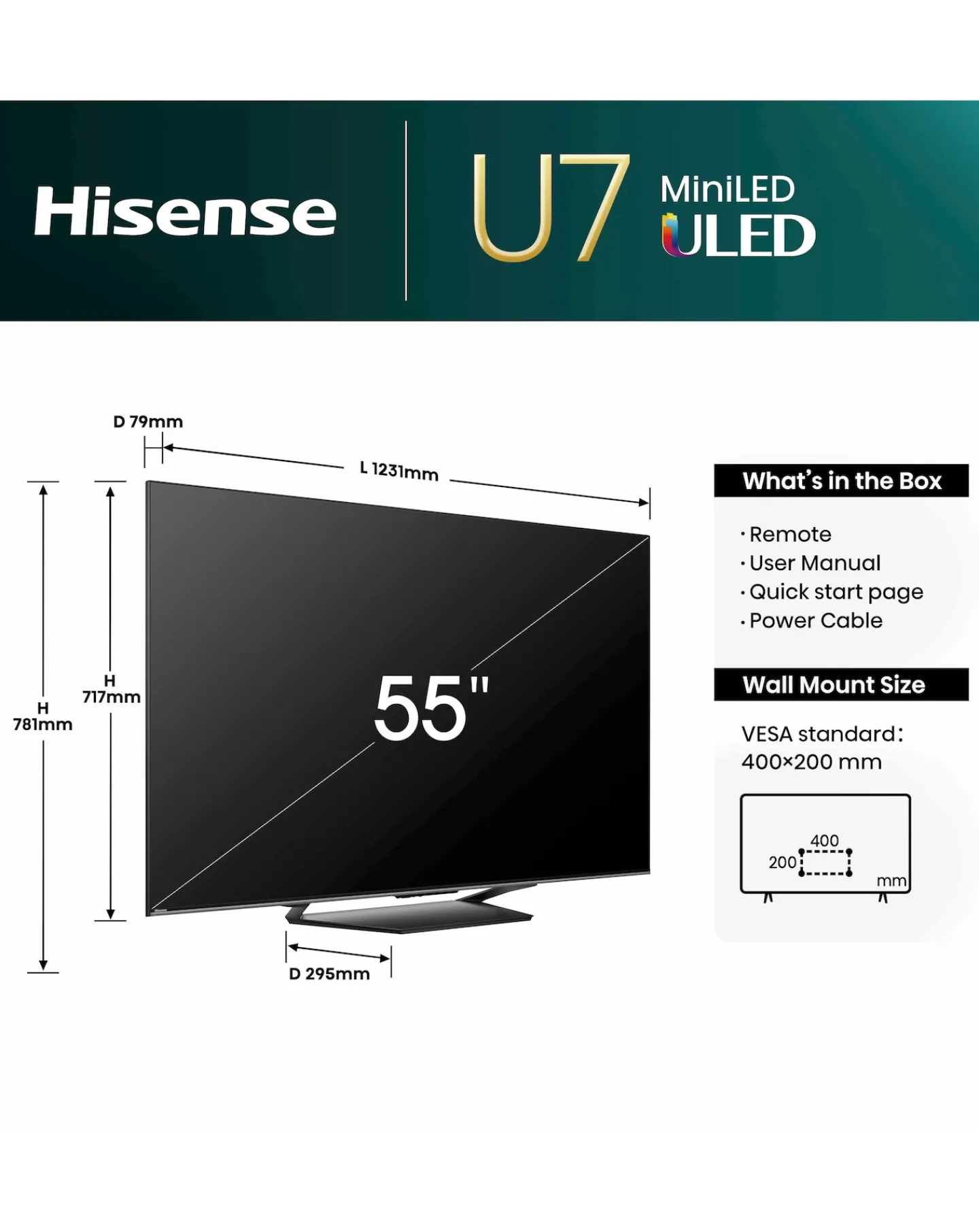 Hisense 55in 55U7NQTUK Smart 4K UHD HDR Mini-LED TV with Amazon Alexa