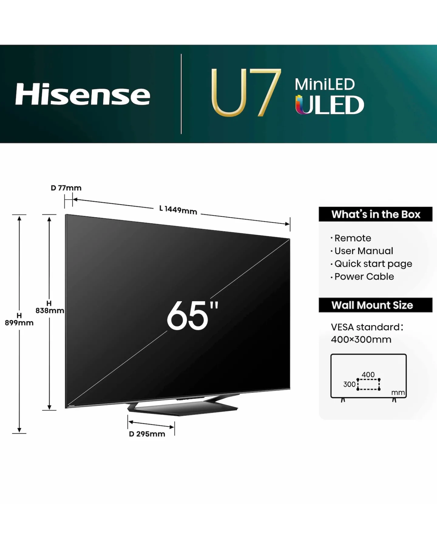 Hisense 65in 65U7NQTUK Smart 4K UHD HDR Mini-LED TV with Amazon Alexa