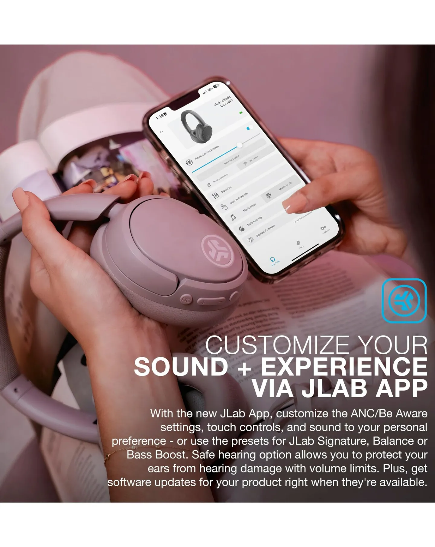 Jlab JBuds Lux Active Noise Cancelling Over-Ear Headphones - Mauve