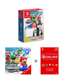 Nintendo Switch OLED White Mario Bros Wonder & 12 Months Switch Online Bundle
