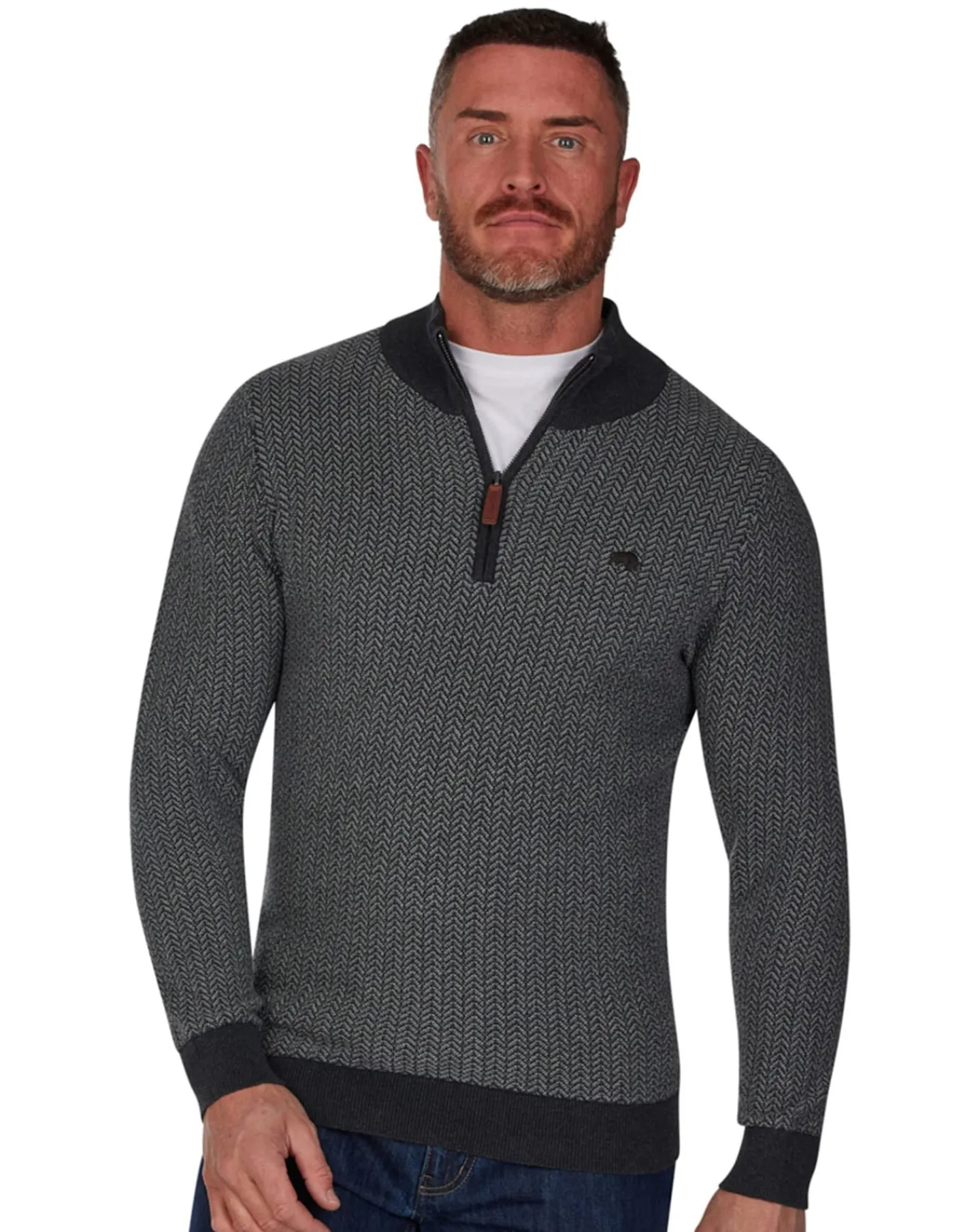 Raging Bull - Herringbone Texture Quarter Zip Knit - Grey Marl