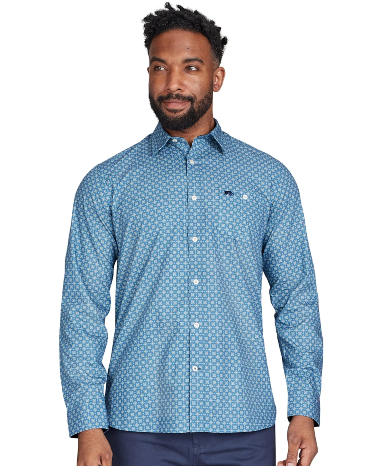 Raging Bull Long Sleeve Diamond Pattern Shirt Denim Blue