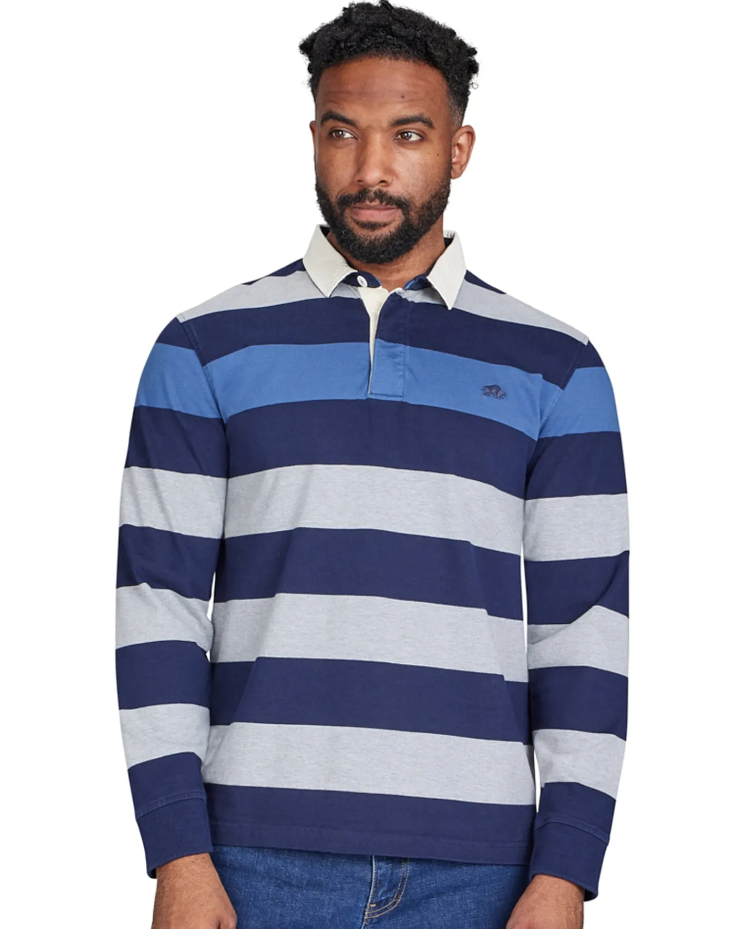 Raging Bull Long Sleeve Irregular Stripe Rugby Denim Blue