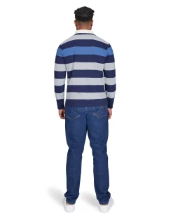 Raging Bull Long Sleeve Irregular Stripe Rugby Denim Blue