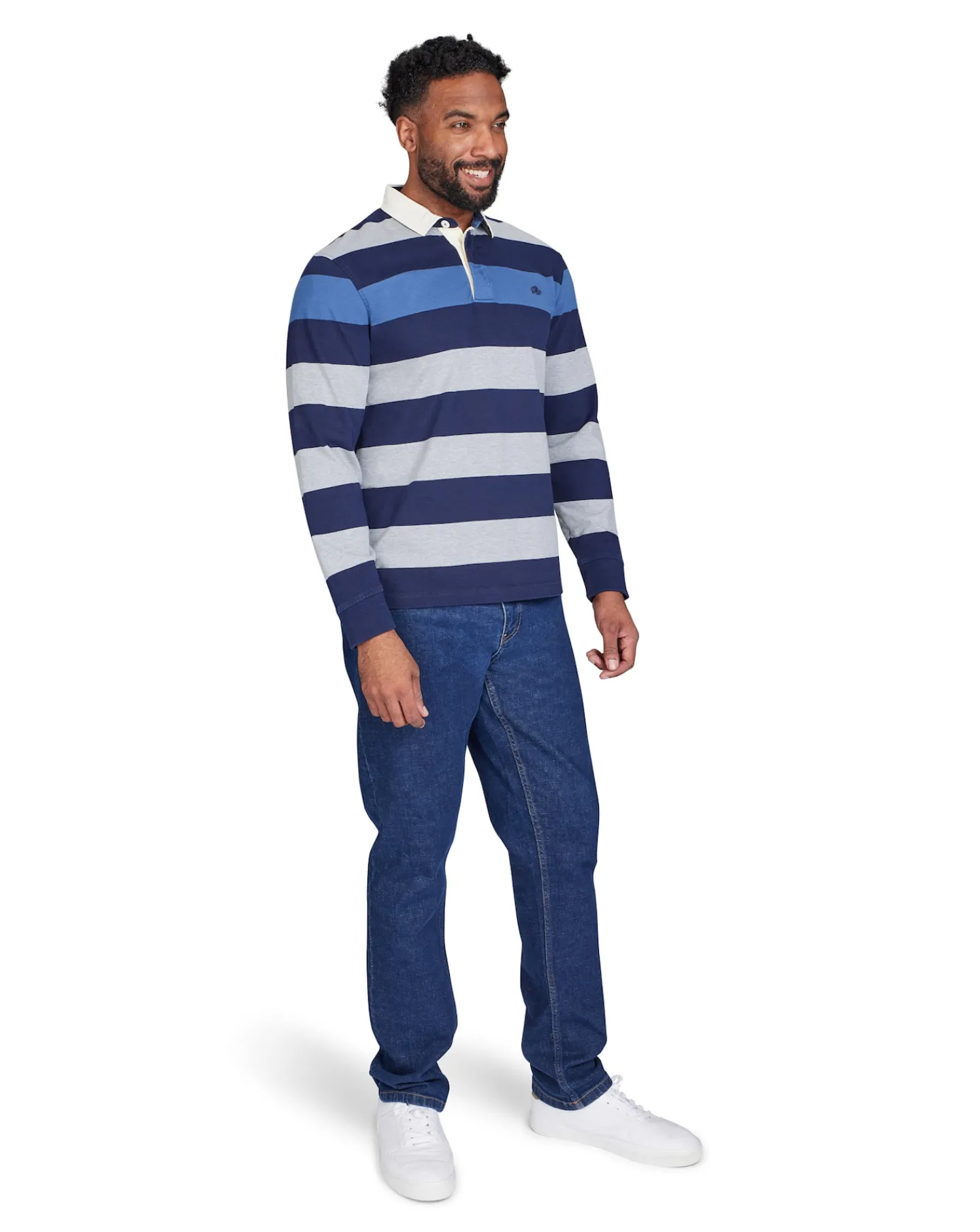Raging Bull Long Sleeve Irregular Stripe Rugby Denim Blue