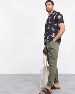 Jacamo Short Sleeve Leaf Print Cuban Collar Shirt