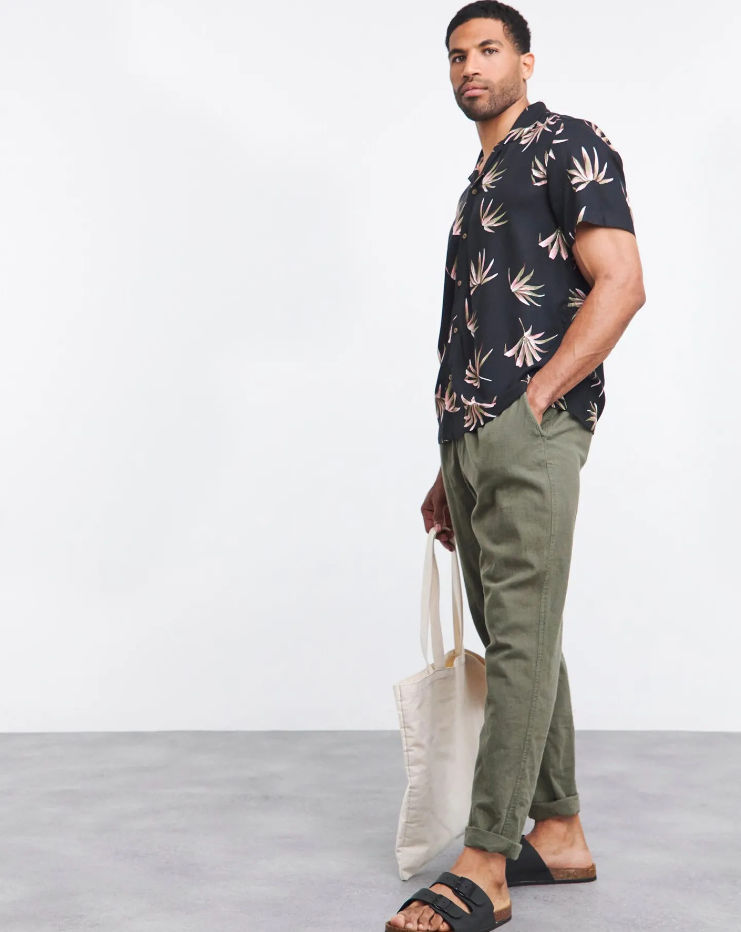 Jacamo Short Sleeve Leaf Print Cuban Collar Shirt