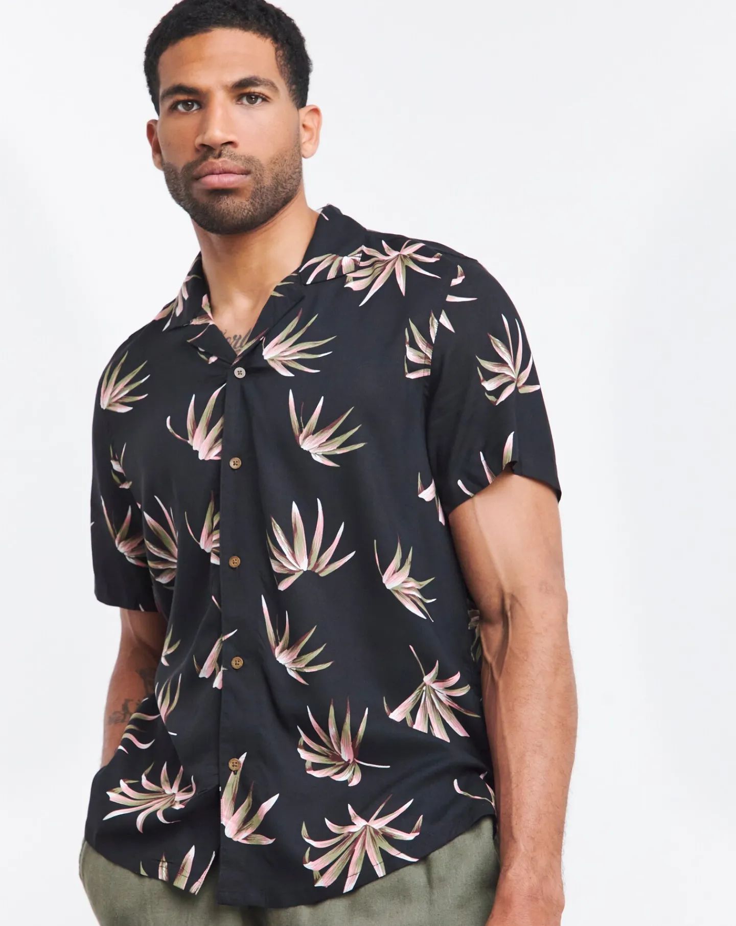 Jacamo Short Sleeve Leaf Print Cuban Collar Shirt