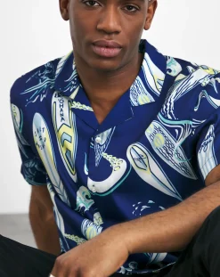 Jacamo Surf Board Print Short Sleeve Cuban Collar Shirt