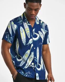 Jacamo Surf Board Print Short Sleeve Cuban Collar Shirt