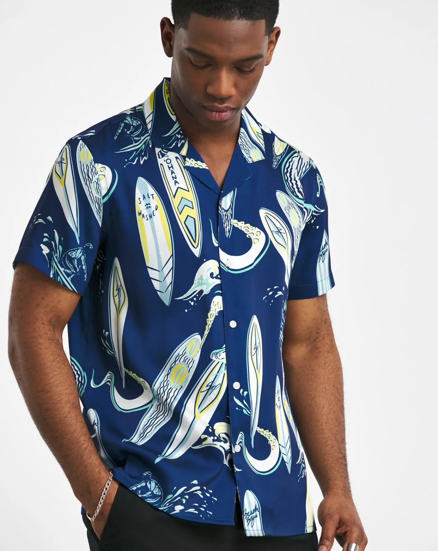Jacamo Surf Board Print Short Sleeve Cuban Collar Shirt