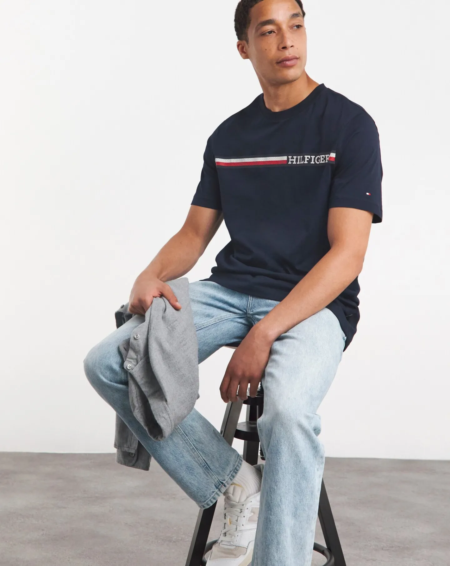 Tommy Hilfiger Striped Chest Logo Navy T-Shirt
